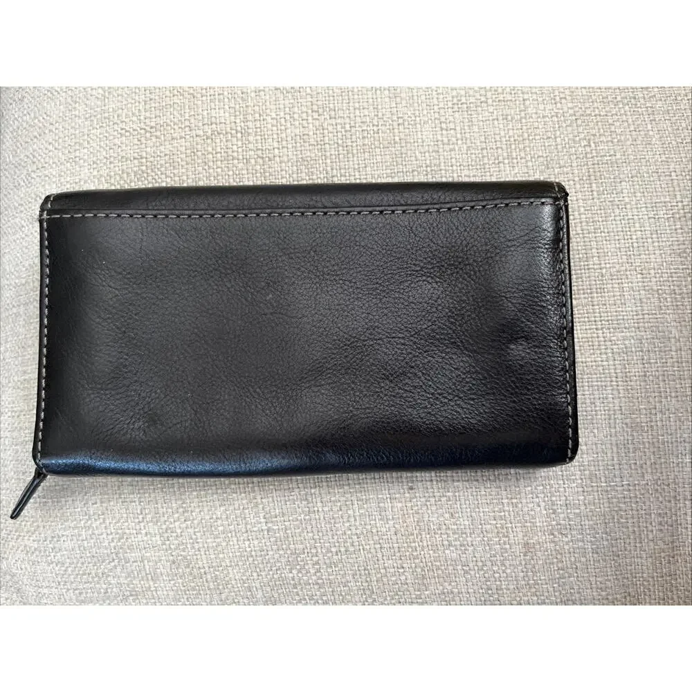 FRYE Leather Wallet Womens Black Trifold Clutch Coin Snap Olivia Classic